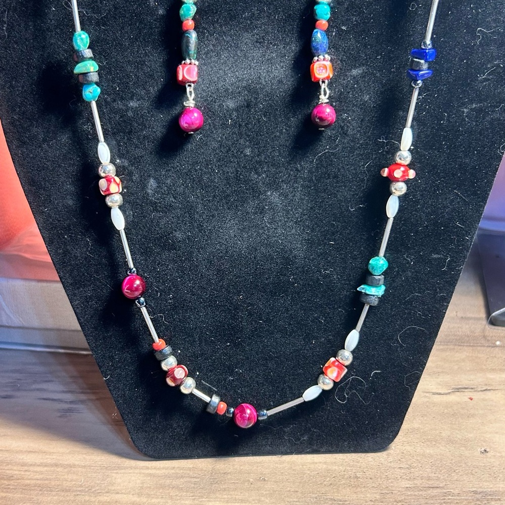 Vintage glass lamp-work Beads with turquoise, & silver  Necklace 2 pc Set